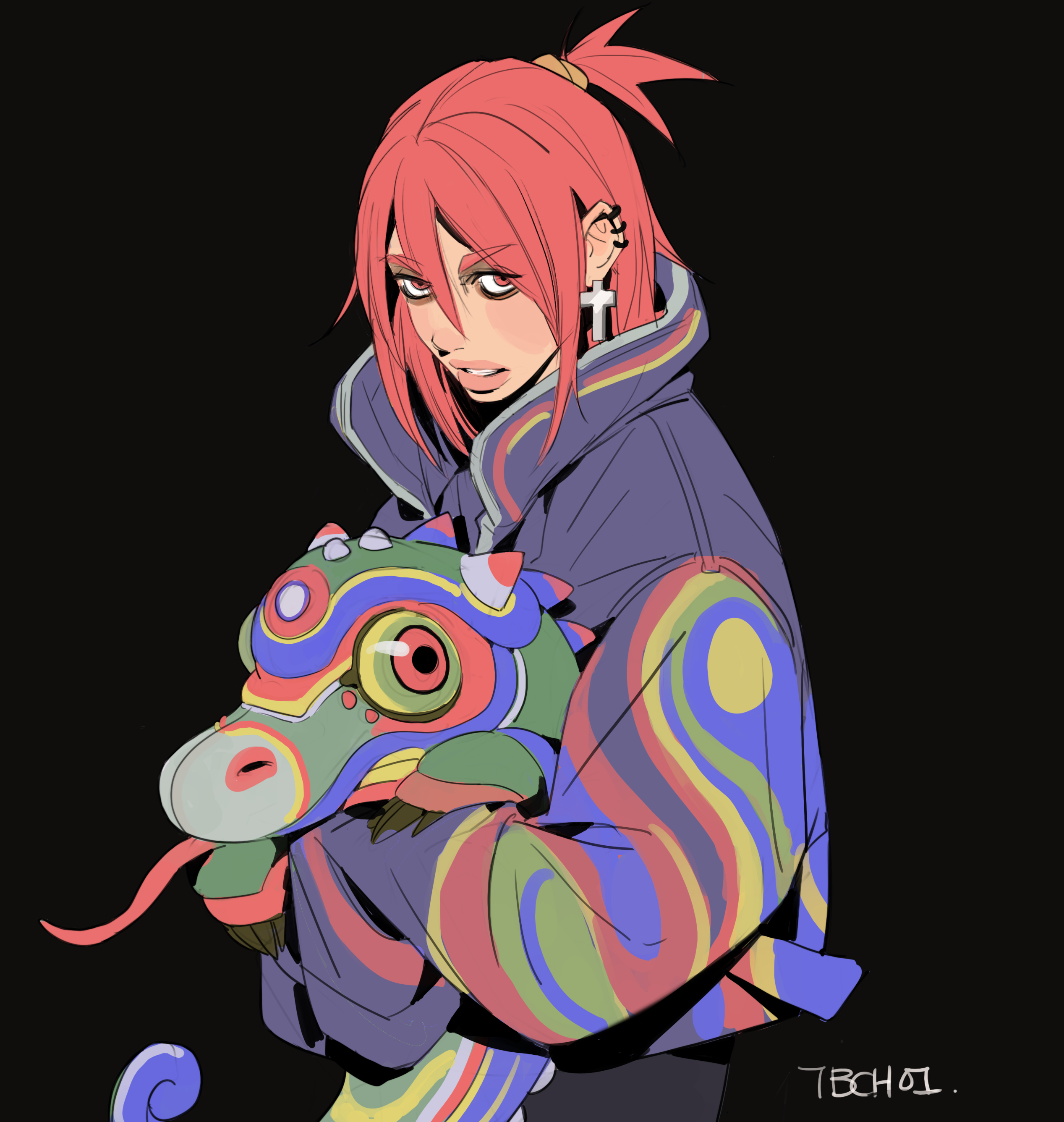 the image is a digital illustration of a stylized anime girl with long, pink hair tied up in a ponytail. she is wearing a vibrant, multicolored jacket featuring swirling, psychedelic patterns in shades of blue, green, yellow, and pink. the jacket's design is prominent.  she is holding a small, whimsical creature resembling a mask or a stylized dragon with similar colorful patterns. the girl has piercing eyes and wears crossshaped earrings. the background is dark, making the character and her colorful clothing stand out.  the overall style is modern and artistic with a blend of anime and fantasy elements. the artist's signature is visible in the lower right corner.
