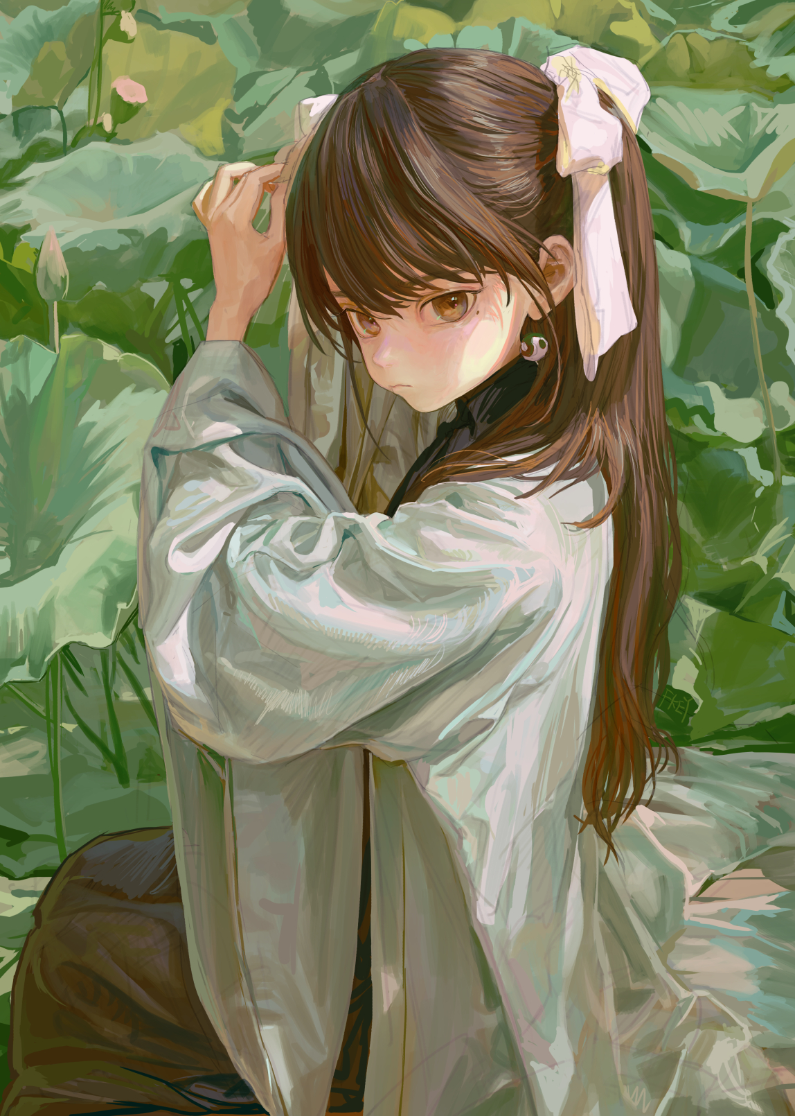 an anime girl with long brown hair, tied in a ponytail with white ribbons, sits amidst large green lotus leaves. she wears a light blue robe and a small earring. she looks down with a slightly melancholic expression. the style is reminiscent of digital art, with soft shading and a painterly quality.