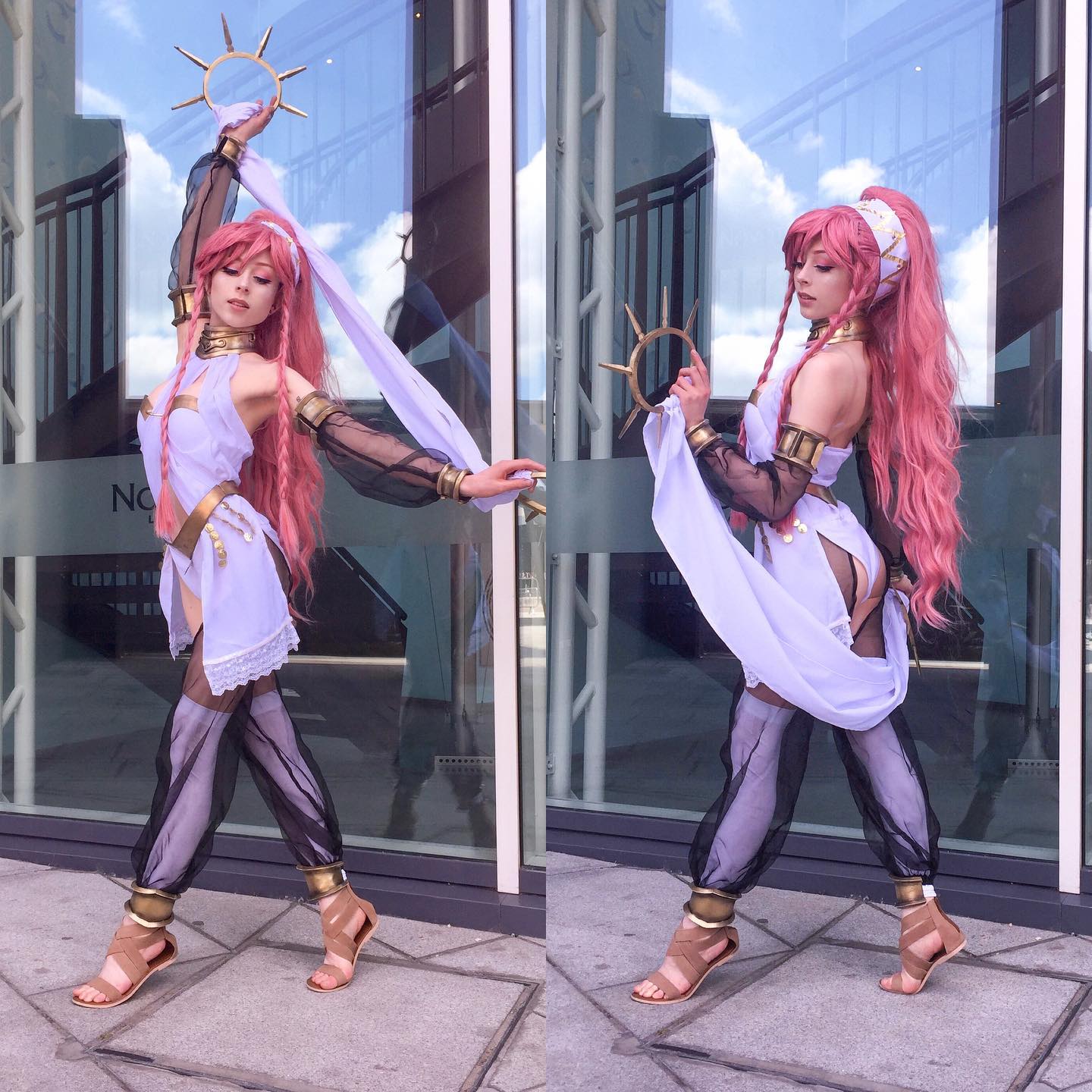 a full shot of a woman cosplaying as lysithea from fire emblem: three houses. she is wearing a white and black costume with long pink hair, gold jewelry, and sandals. she is posing outside in front of glass doors with a building reflected in the background. the sun is shining and the overall image is bright and colorful.  the image is a diptych, showing two slightly different poses of the cosplayer.
