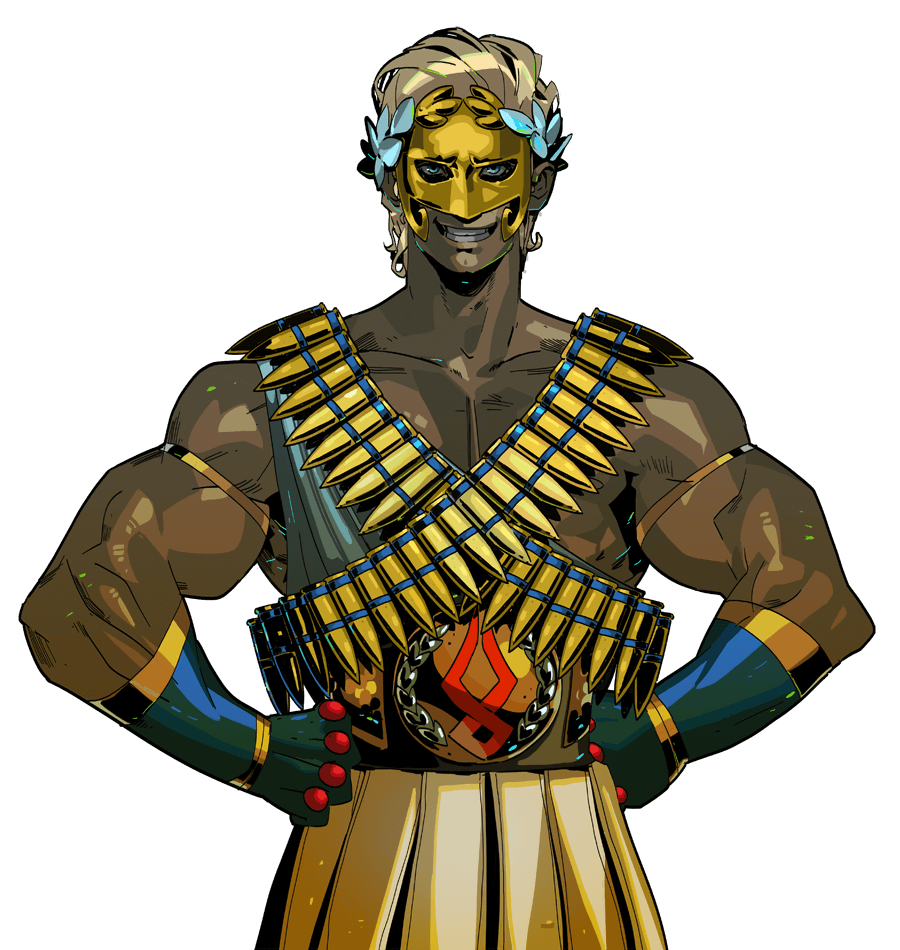 a muscular male character with a golden mask and laurel wreath stands confidently with his hands on his hips. he is wearing a golden chest piece of armor with a belt full of gold bullets. he is a powerful and intimidating warrior, likely a villain or enemy in a game or comic. the art style is a combination of anime, manga, and comic book, and is welldrawn and detailed.
