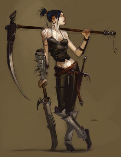 a female warrior with dark hair pulled back stands in a confident pose. she carries a large scythe over her shoulder and holds a menacing sword in her other hand. her attire is dark and practical, hinting at a life of combat. she has intricate tattoos on her arm and wears armored gauntlets and greaves. the background is a muted brown, placing all focus on the warrior.