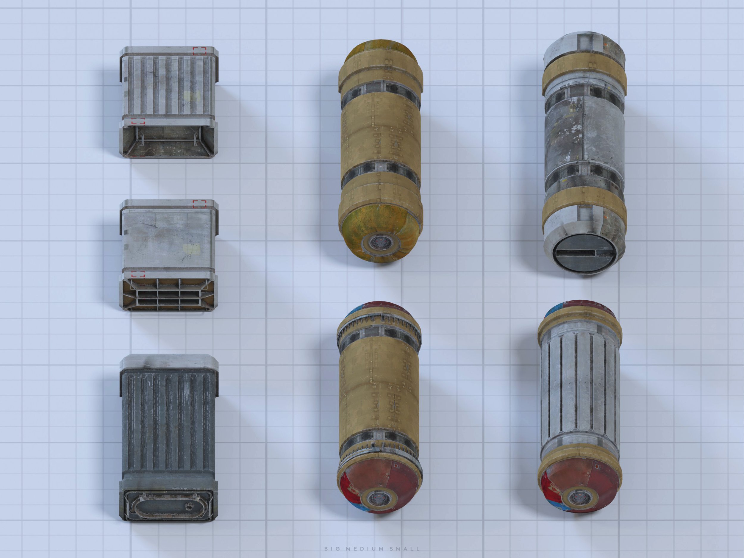 the image shows a 3d rendering of various containers and canisters in different sizes. three sizes are shown: big, medium, and small.  the containers are metallic, showing signs of wear and rust, giving them a grunge and industrial look.  they appear to be scifi or futuristic in design. the containers are arranged on a grid background, allowing for easy comparison of size and design. the topdown view provides a clear perspective on the shapes and details. the image is labeled "big medium small" at the bottom.
