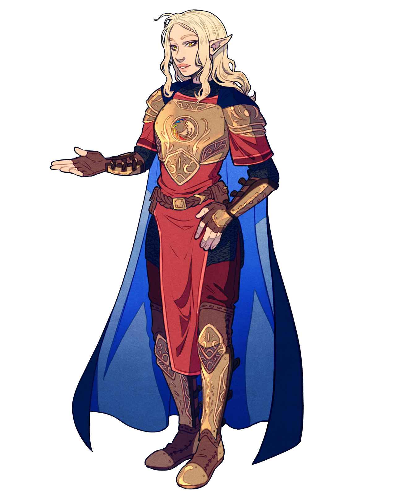 the image showcases a female elf adorned in ornate golden armor. she stands against a white background, her right hand outstretched in a welcoming gesture. the elf's armor consists of a breastplate with a red, circular emblem featuring a white horse, pauldrons, vambraces, and greaves. beneath the armor, she wears a flowing red tunic. a long, dark blue cape drapes over her shoulders, adding to her regal appearance. her long blonde hair cascades down her back, framing her delicate features. her overall demeanor suggests a noble warrior, possibly of high rank.