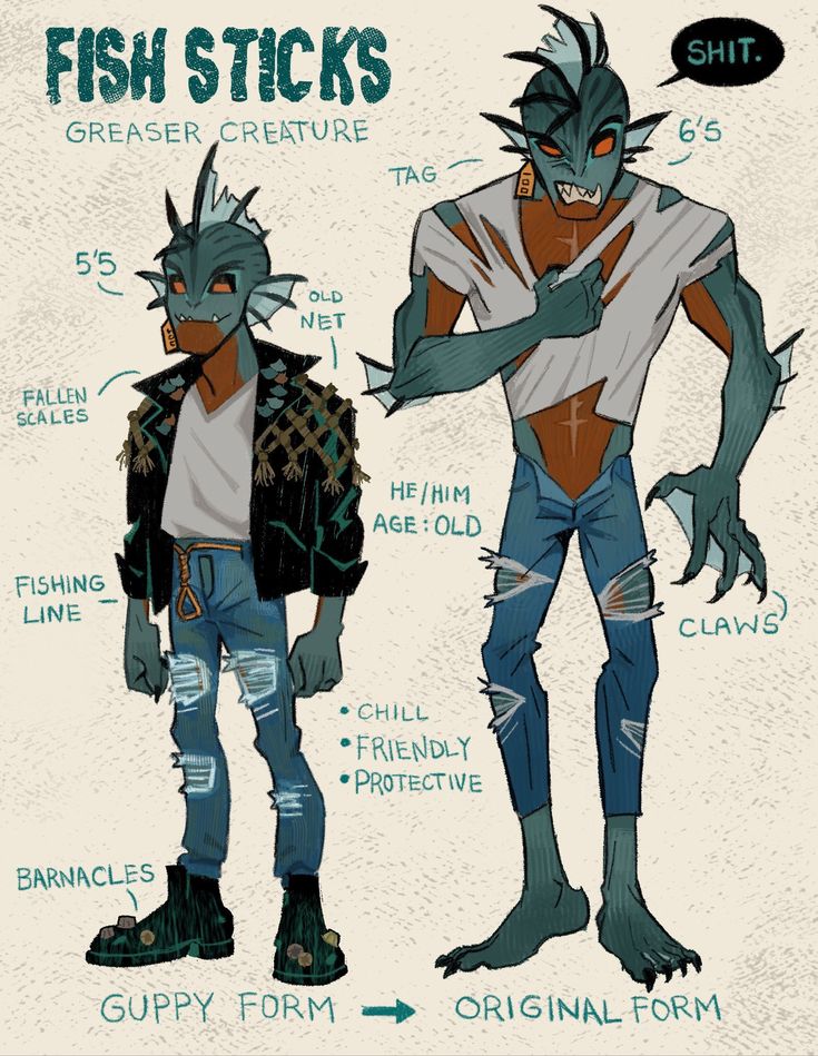 the image is of a character design called fish sticks. fish sticks is a greaser creature that comes in two forms: a guppy form and an original form. the guppy form is of a humanoid fish with scales, fins, and a tail. the original form is a larger humanoid fish with claws and a humanlike body with ripped clothing. the character is described as being chill, friendly, and protective. he is 5'5 in his guppy form and 6'5 in his original form. he is an old net. he is a greaser.