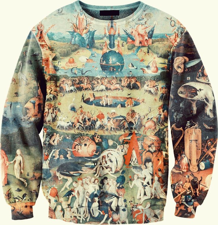 this is a closeup image of a men's sweater with a colorful, surreal painting printed on it. the painting appears to be a renaissanceera work of art with many figures and details. the sweater is longsleeved and appears to be made of a soft, comfortable fabric.