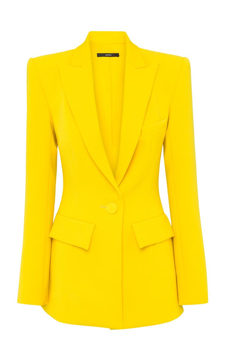 a vibrant yellow tailored blazer. the blazer features a notched lapel, long sleeves, a button closure, and pockets.