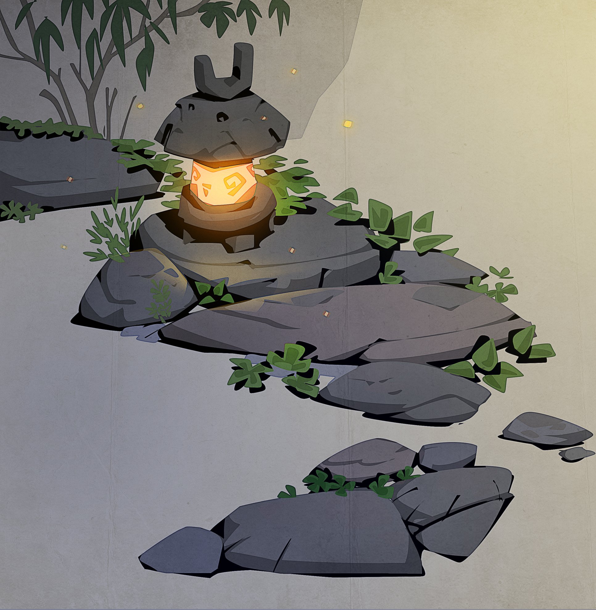 a digital illustration of a zen garden with a stone lantern as a centerpiece. the lantern, with its warm, inviting glow, illuminates the surrounding rocks and foliage. the scene is bathed in the soft, ethereal light of dusk, creating a sense of tranquility and peace. the palette consists of muted greens, grays, and a warm yellow for the lantern's light, further enhancing the serene atmosphere.