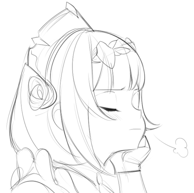 a simple, black and white animestyle sketch of a girl's head and shoulders. the style is soft and rounded, with large eyes and a small mouth. the girl appears to be sleeping, with her eyes closed and a small puff of breath escaping her lips. she has short hair with a large bow and what appears to be a maid's headband.