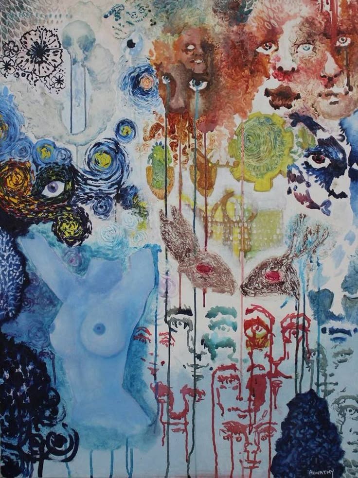 this is an abstract painting with a surreal and dreamlike quality. the painting features a variety of colors and textures, including blue, red, green, yellow, white, black, brown, and swirl patterns. the painting is dominated by a large, blue form in the center, which appears to be a female torso. surrounding the torso are a variety of faces and eyes, some of which are abstract and some of which are more realistic. the painting is full of energy and movement, with the colors and shapes swirling and dancing across the canvas. the drips and lines suggest a sense of spontaneity and freedom, while the overall effect is both whimsical and unsettling.