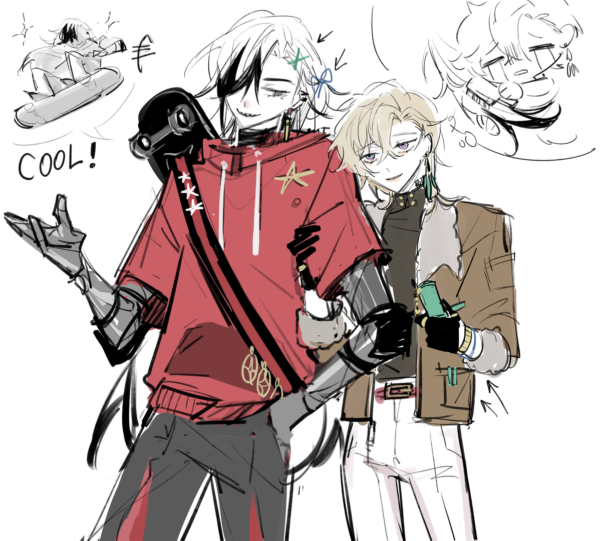 two cartoon boys are standing sidebyside. the boy on the left is wearing a red hoodie with a black strap going over his shoulder. he is also wearing black pants, and black gloves. he has long white hair with black strands coming down on his face. his left arm is a robot arm, and his right arm is reaching out to the right side of the picture. the boy on the right is wearing a black shirt with a brown jacket over it. he has short white hair and is wearing white pants. he is holding onto the other boy's arm with his right hand. his left hand is holding a small rectangle that is green. there are a bunch of sketched lines that come from this object and appear to indicate movement. he is wearing dark gloves. both boys are smiling. there are other sketchlike designs throughout the picture as well. the background is white. the overall style of the picture is cartoon and digital.