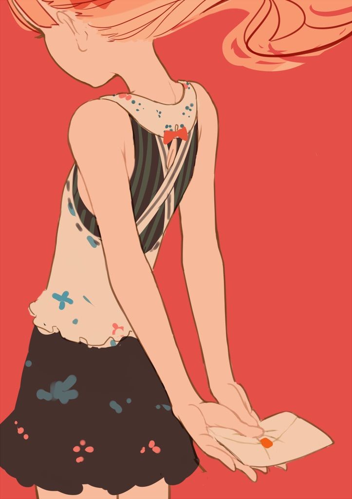 this is an illustration of an anime girl.  she has long red hair with her bangs covering her eyes, a white dress with a black stripe design, a black skirt with pink and blue flower patterns, and is holding an envelope in her hands with a pink heart on it. the background is red.
