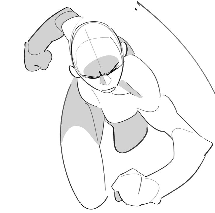 this is a simple drawing of a figure in a dynamic pose. it appears to be a sketch for a cartoon or anime character. the drawing is done in a simple, linebased style, with no shading or detail. the figure is drawn in a dynamic pose, with one arm raised above their head and the other bent at the elbow. the figure's head is turned to the side, and their eyes are looking downwards. the overall impression is one of movement and action.