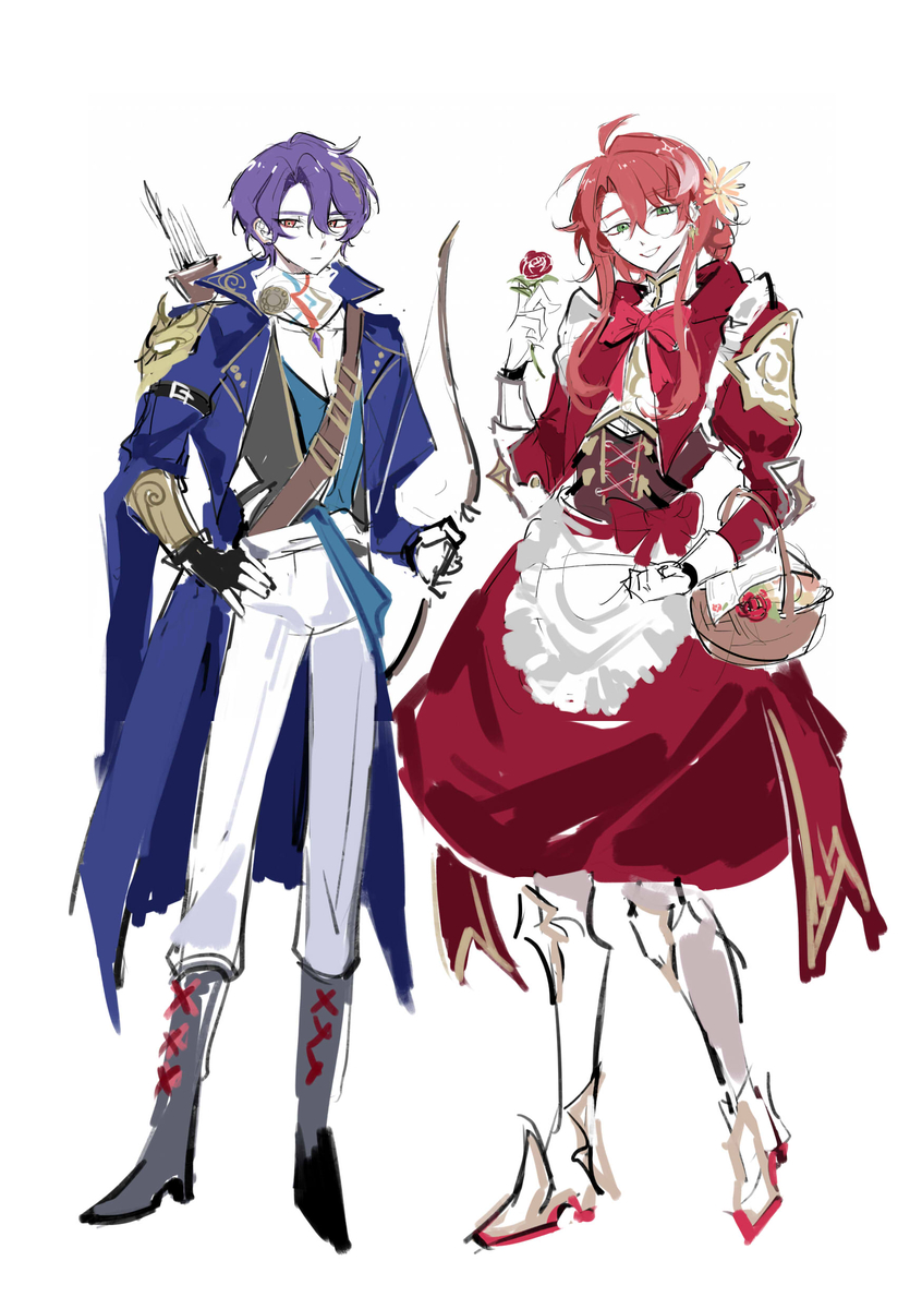 this is a digital illustration of two anime characters, one male and one female. the female character has red hair and wears a red dress with white boots. the male character has purple hair and wears a blue coat with white pants and black boots. they are both standing together and smiling.