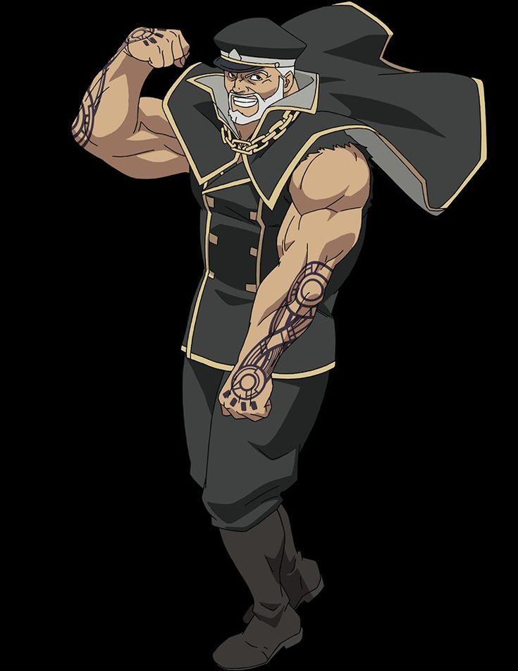 this is an anime style image of an older, muscular, white haired man in a black uniform with gold accents. he is wearing a black cap and has a beard and mustache. he has tattoos on his arms and is flexing his bicep with a smile. he is standing with one foot forward and his hands clenched in fists. he looks very confident and strong.