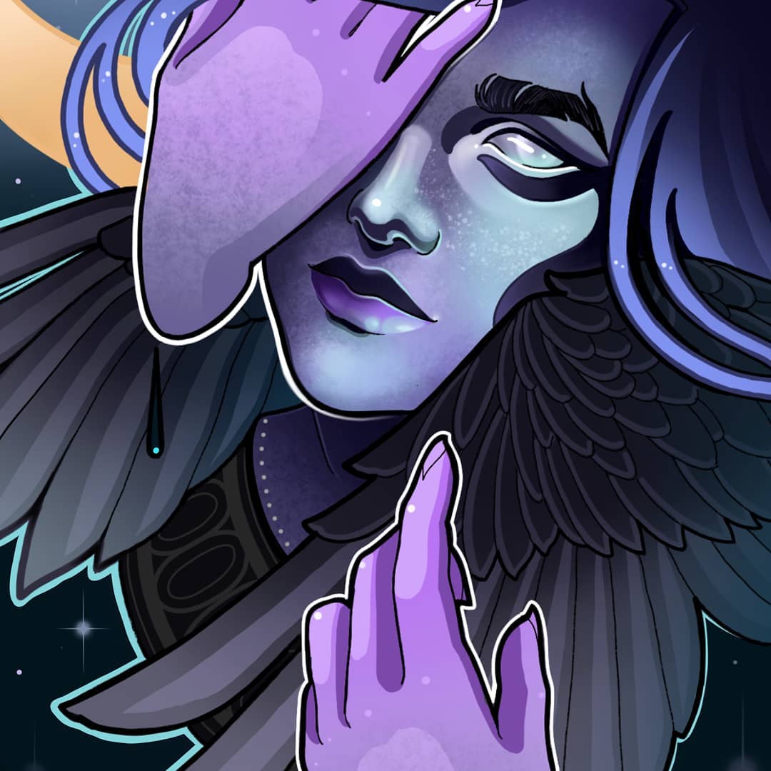 he image showcases a closeup illustration of a woman with blue skin and flowing blue hair. she has large, dark feathered wings. her eyes are white, suggesting a mystical or otherworldly nature. one hand partially obscures her face, while the other reaches out towards the viewer.  the background is a dark, starry night sky, hinting at a celestial setting. the lighting is dramatic and ethereal, further enhancing the mystical atmosphere.