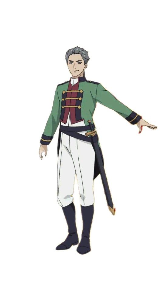 this is a digital illustration of a male anime character. he is wearing a green jacket with red vest, white pants, and black boots. he has grey hair and a smiling face. he is holding a sword in his right hand and standing on a white background.