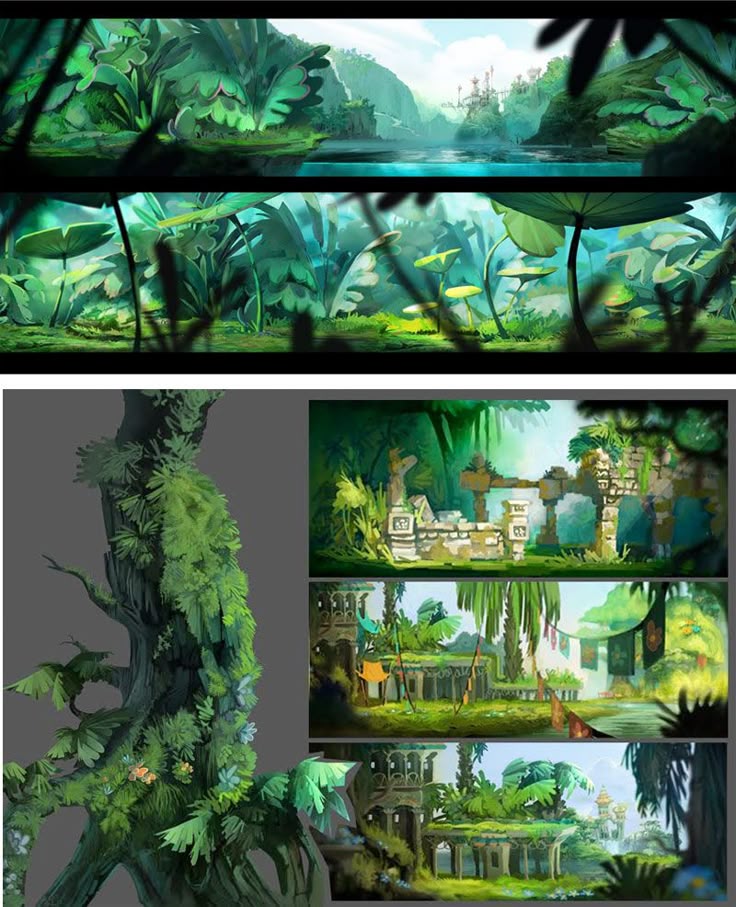 the image is a collection of concept art sketches for a jungle or rainforest environment. it features various scenes, including dense foliage, a river flowing through a valley, overgrown ruins of ancient buildings, and a closeup illustration of a mosscovered tree trunk. the style is reminiscent of cartoon or animated designs with vibrant greens and stylized details.