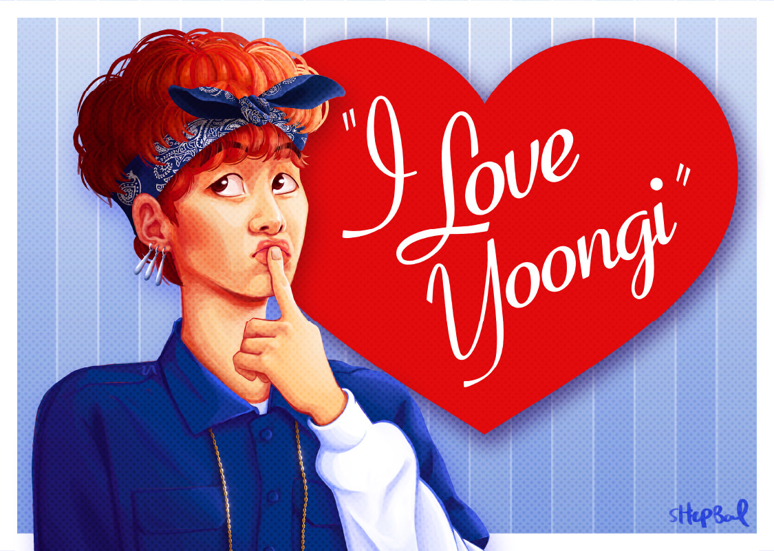 the image is a digital illustration of a young man with orange hair and a bandana. he is making a cute expression with his finger on his lips, looking to the side.  next to him is a large red heart containing the text "i love yoongi". the background is a light blue with vertical stripes, reminiscent of a postcard. the style is playful and colorful, likely aimed at fans of korean pop music.