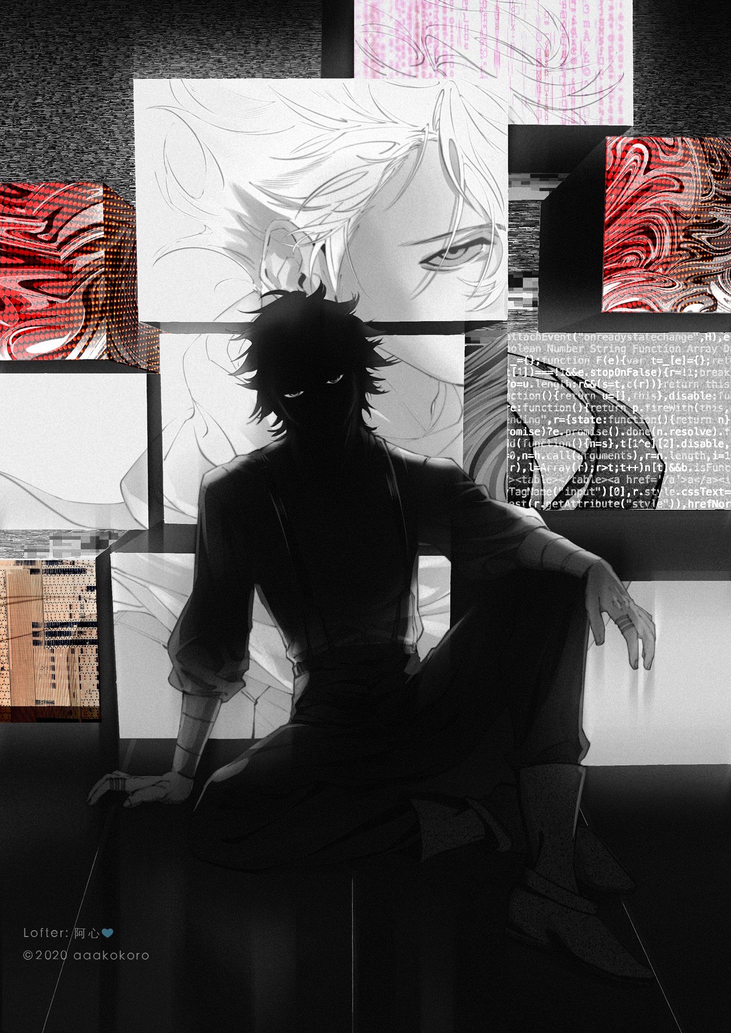 the image depicts an animestyle male character with dark hair in a semiprofile pose. he is shrouded in shadow against a background of abstract digital art.  the art style features strong chiaroscuro, with sharp contrasts between light and dark.  the color palette is primarily black and white with a striking red accent. geometric shapes, particularly squares, are prominent in the background. the overall effect is one of mystery and suspense.