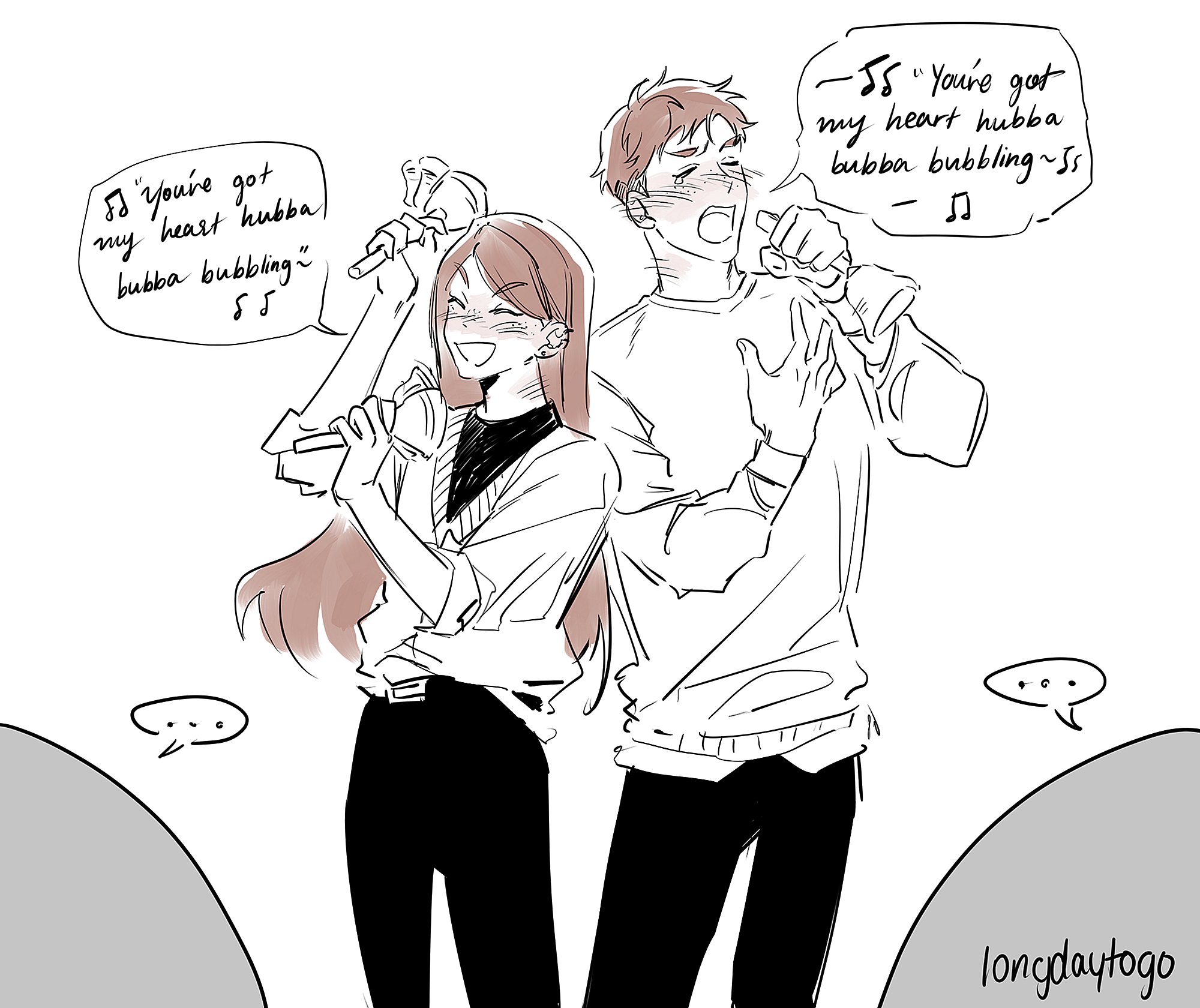 the image is a digital drawing or sketch in a style reminiscent of anime or manga. it depicts a young couple joyfully singing karaoke.  the woman has long brown hair and is holding a microphone, while the man has shorter brown hair and is singing along.  speech bubbles above their heads contain the lyrics "you're got my heart hubba bubba bubbling," indicating a lighthearted, romantic atmosphere. the art style is loose and expressive, with a focus on capturing the emotion of the moment. the background is minimal, with a gray suggestion of a stage or performance area. the artist's signature, "longdaytogo," is visible in the lower right corner.