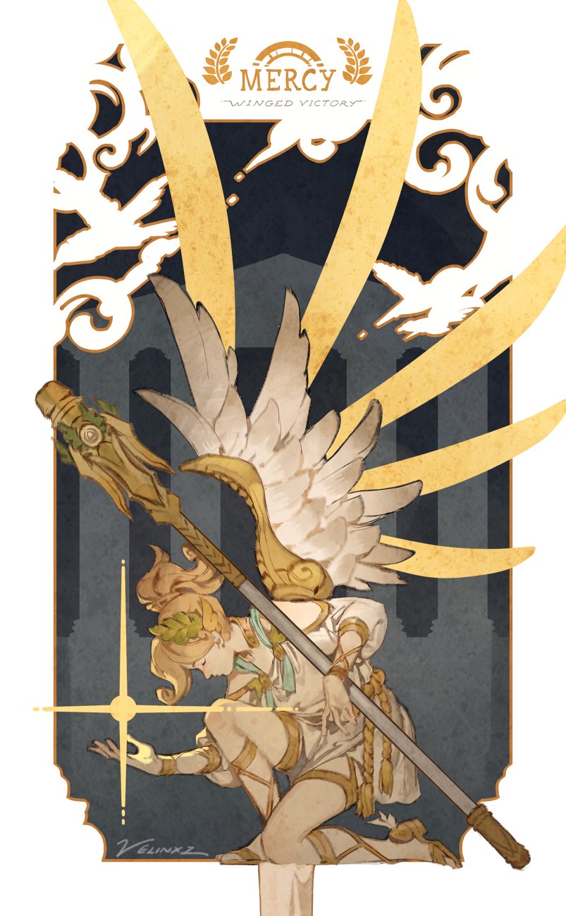 the image is a fanart depiction of mercy from the video game overwatch, in her "winged victory" skin. she is kneeling, dressed in a greekinspired tunic and sandals, with a laurel wreath in her blonde hair. she has large white wings and is holding a golden staff. golden wings extend upwards behind her. the background has a dark blue hue and features architectural elements and white birds. the words "mercy winged victory" are printed at the top of the image in a stylized font.