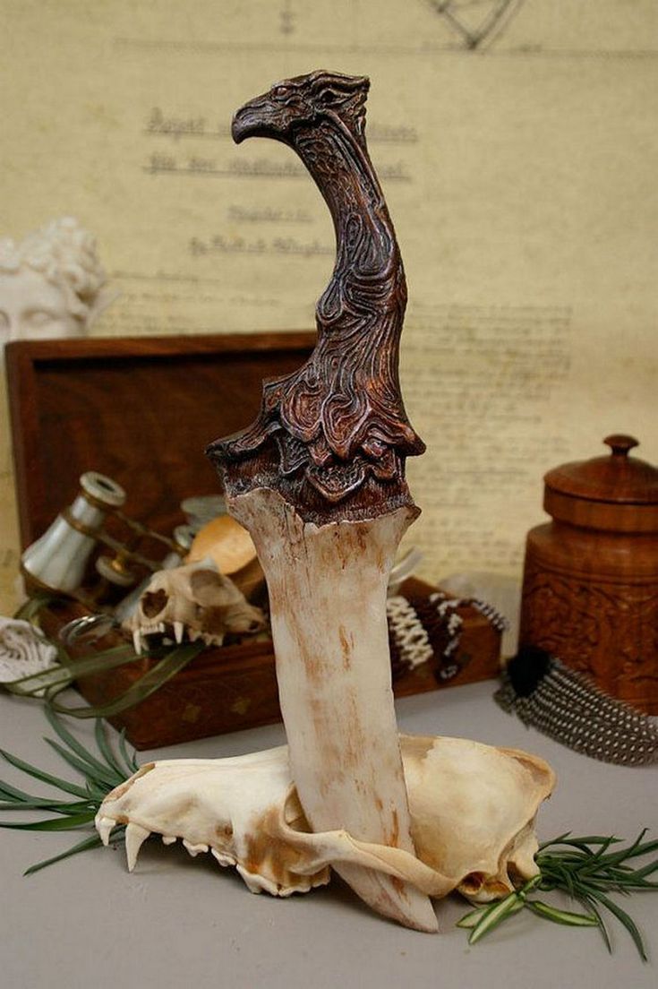 an antique dagger stands upright, its bone blade resting against a skull. the dagger has a brown, ornately carved handle resembling an eagle. in the background, a wooden box holds binoculars and a small skull. a wooden jar and feathers sit to the right, while rosemary and a bust add to the tableau. the scene is set on a table with an old parchment backdrop.