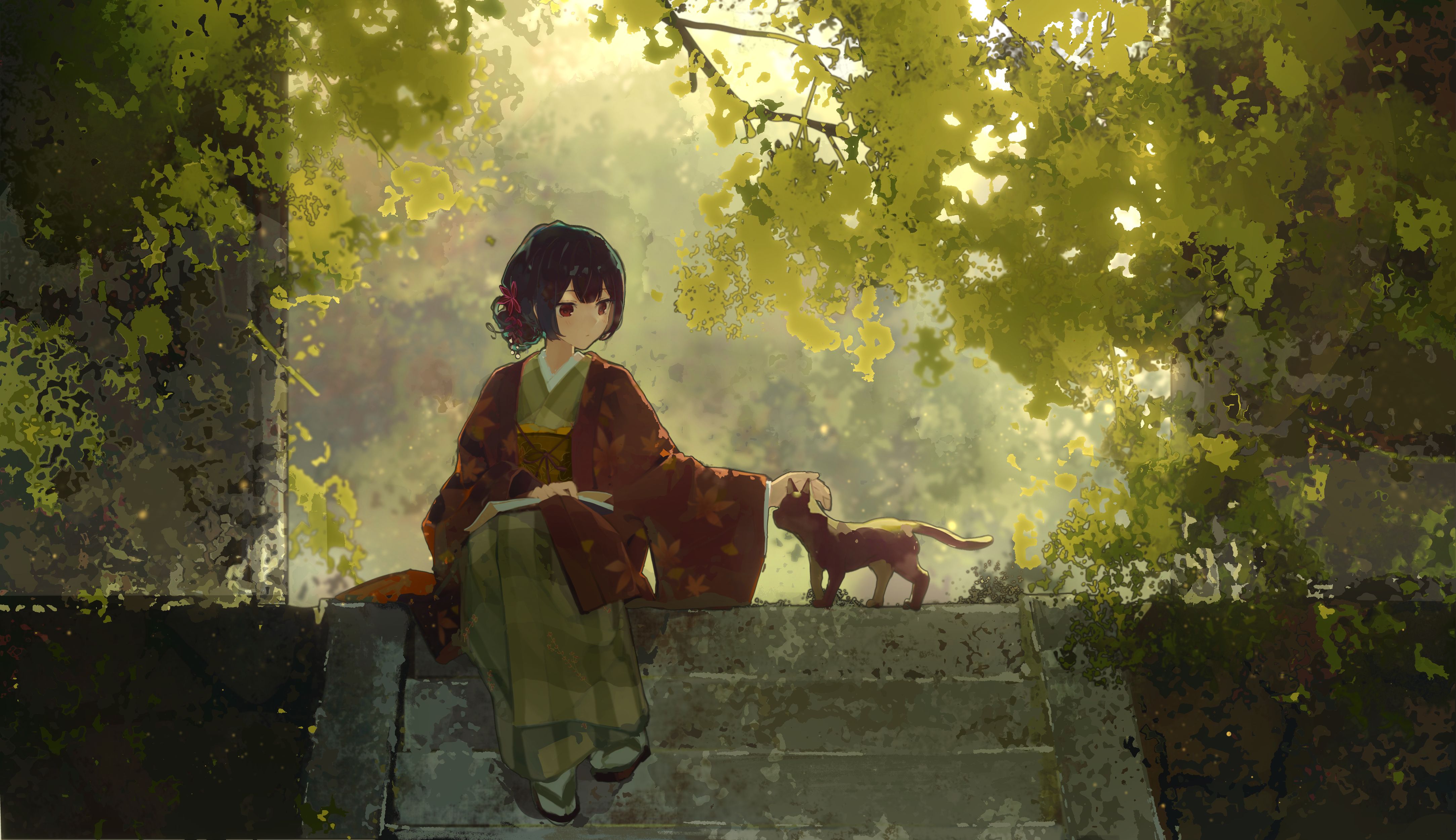 he illustration showcases an anime girl, elegantly dressed in a traditional japanese kimono, seated on stone steps. a small cat sits beside her, and the setting is a parklike area, abundant with yellowgreen autumn leaves that hang overhead creating a canopy of light and shade. she appears to be reading a book. the overall mood of the image is serene and peaceful, reflecting the calmness of the season and the quiet interaction between the girl and her feline companion. the artistic style is reminiscent of digital painting, with a focus on soft, blended colors and atmospheric perspective.