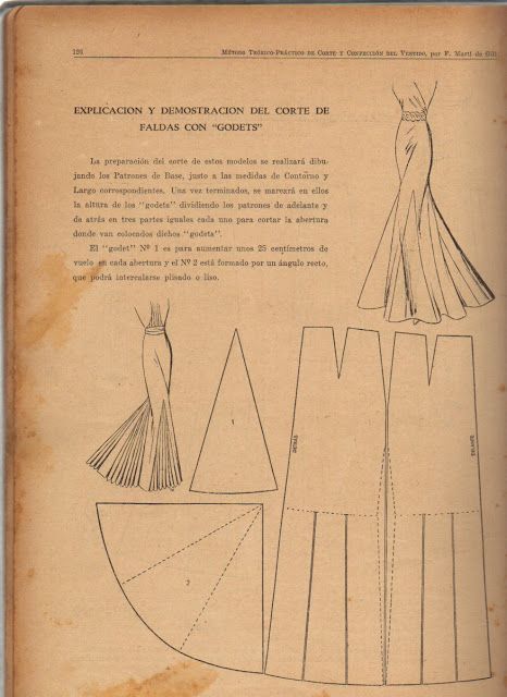 the image is a page from a sewing manual, showcasing diagrams and text instructions for creating skirts with "godets." the diagrams show the pattern pieces and how they fit together, while the text provides the explanation and demonstration of the cutting technique for skirts with "godets." the original image has aged and is slightly worn.