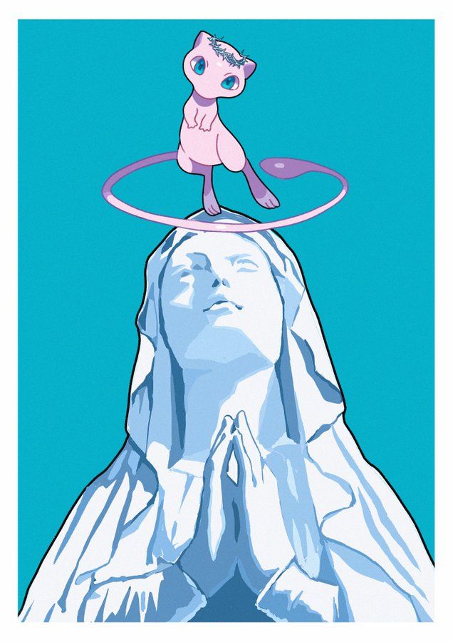 the image is a stylized digital illustration blending religious iconography with pokémon imagery.  a statue resembling the virgin mary is depicted, her hands clasped in prayer.  atop her head, a mew (a pokémon) is positioned, wearing a small crown of flowers and seemingly encircled by a halo. the color palette is primarily pastel blues, pinks, and white, set against a vibrant teal background, giving the piece a pop art feel.  the style is clean and graphic, with bold lines and flat shading. the juxtaposition of the sacred (the madonna) and the playful (mew) creates a unique and visually striking image.