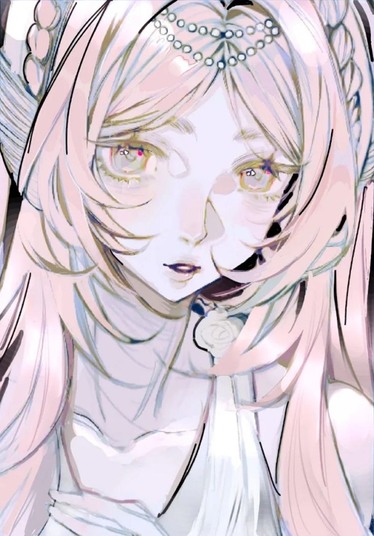 the image is a digital painting or illustration of an animestyle girl. she possesses long, flowing pink hair styled in intricate braids with a pearl headband. her dress is white and elegant, with flowing lines suggesting delicate fabric.  the overall style is ethereal and dreamy, with soft pastel colors and a focus on delicate details like the girl's eyes and the texture of her hair and clothing. the artistic style suggests a blend of painting and digital techniques, creating a soft and slightly hazy effect. the girl's expression is serene and peaceful, contributing to the overall calm and dreamy atmosphere.