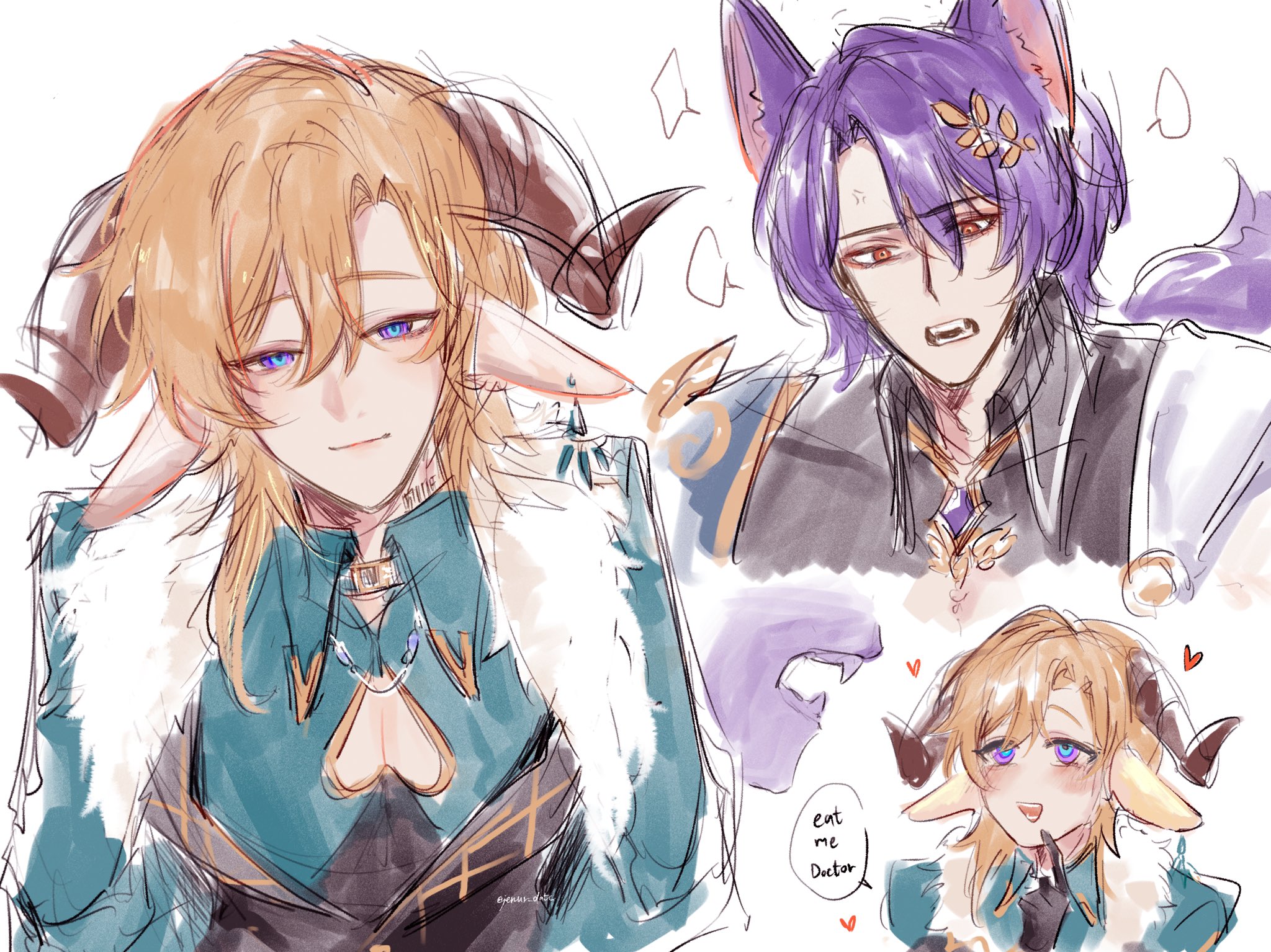 an anime drawing of two characters. one is a male character with purple hair and cat ears, the other is a male character with blonde hair and horns. they are in love, and the blonde character is saying "eat me doctor" in a speech bubble.  the background is a light pink and blue, and there are a few hearts drawn around the characters.