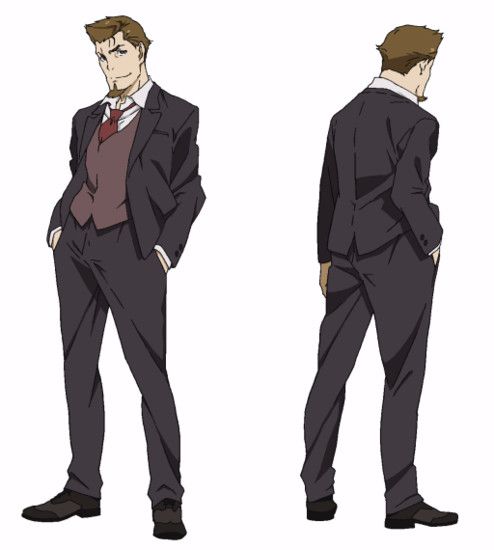 this is an image of a man in a black suit with a white shirt and a red tie. the man is standing in two different poses: one from the front and one from the side. the image is likely from an anime or manga.