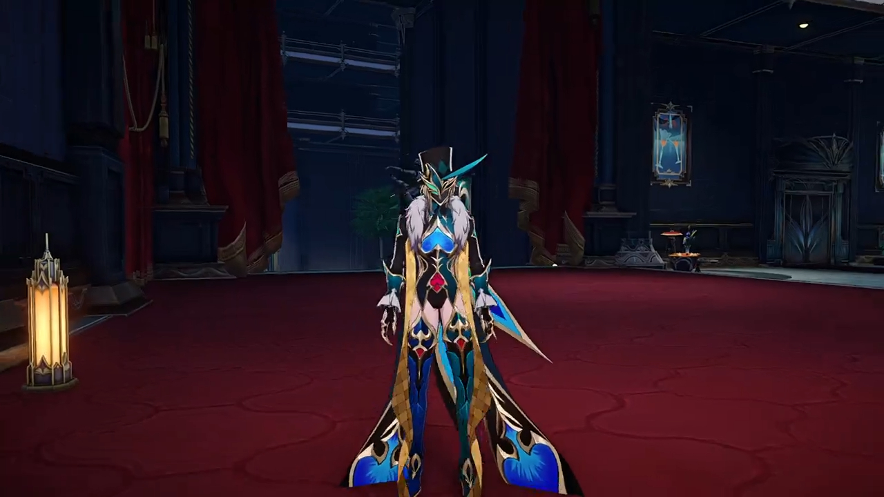 a female video game character in an elaborate costume and armor stands on a red floor. her attire is predominantly blue, gold, and black, with intricate designs and details. she wears a hat with a long, blue feather. the background is a dark, ornate room with red curtains and a large window. the character's stance is elegant and mysterious, suggesting a powerful and confident personality.