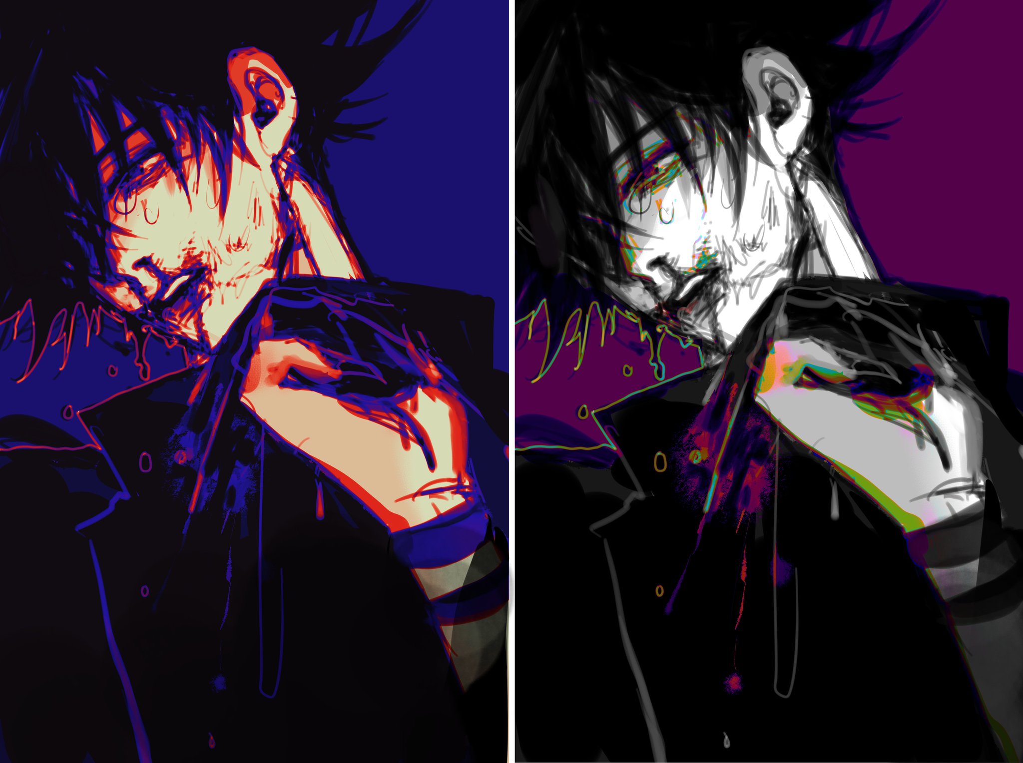 the image shows a split depiction of a stylized anime or mangastyle male character.  the character is presented in two versions: one with a predominantly red and blue color palette, and the other with a predominantly grayscale color scheme with vibrant neon highlights. both versions showcase the character with spiky hair, wearing a dark jacket, and appearing to be injured, with blood or some similar substance dripping from his face and onto his clothing. the artistic style is highly stylized, incorporating elements of grunge and graphic art, with a focus on strong emotional expression through the character’s pose and the vibrant, contrasting colors. the overall mood is dark, dramatic, and intense. the two versions highlight the potential of different color treatments impacting the overall feel and impact of the piece.