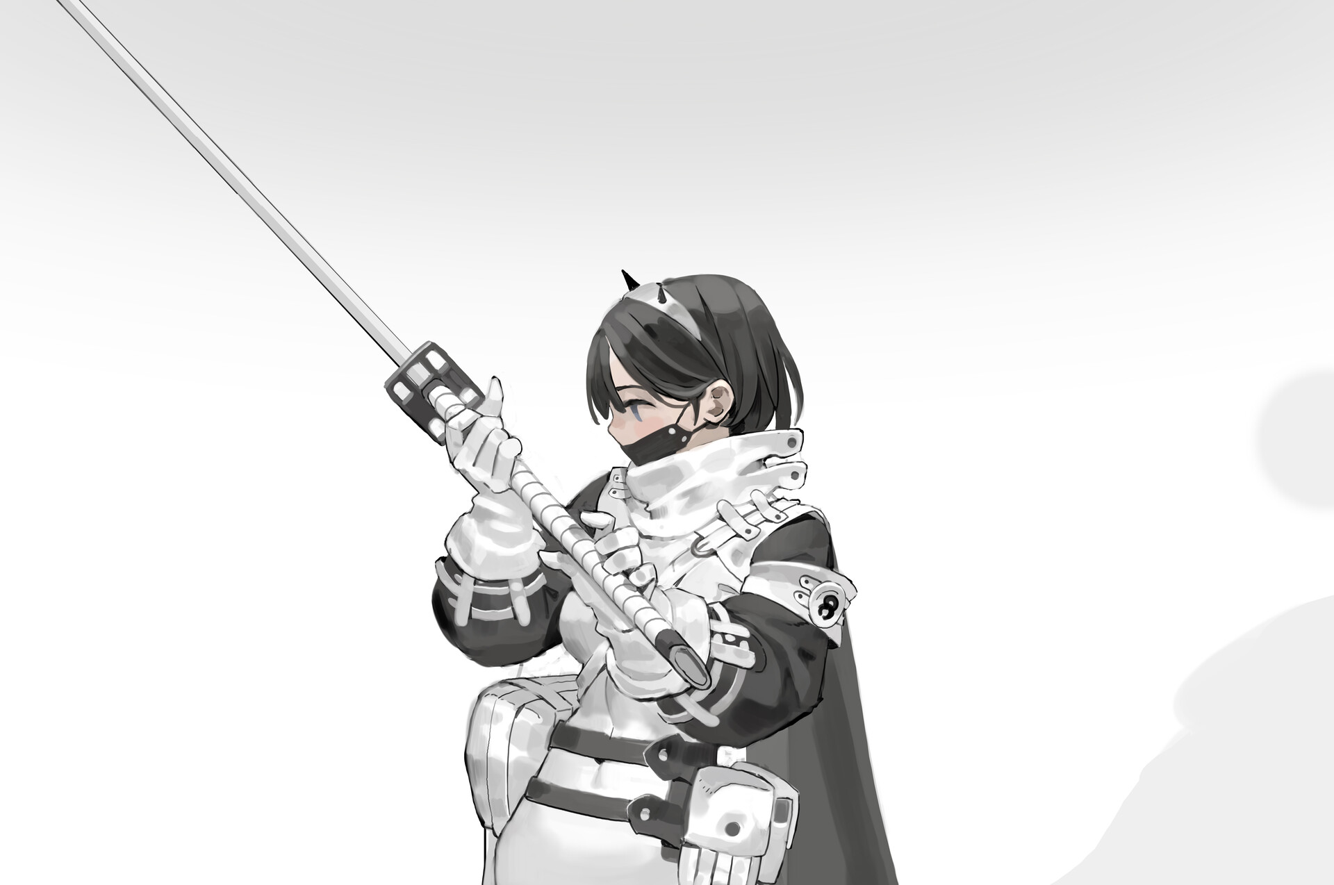 an anime girl with short black hair and a small horn on her headband is holding a sword. she wears a mask, a white uniform with black accents, and a black cape. the image is in gray scale.