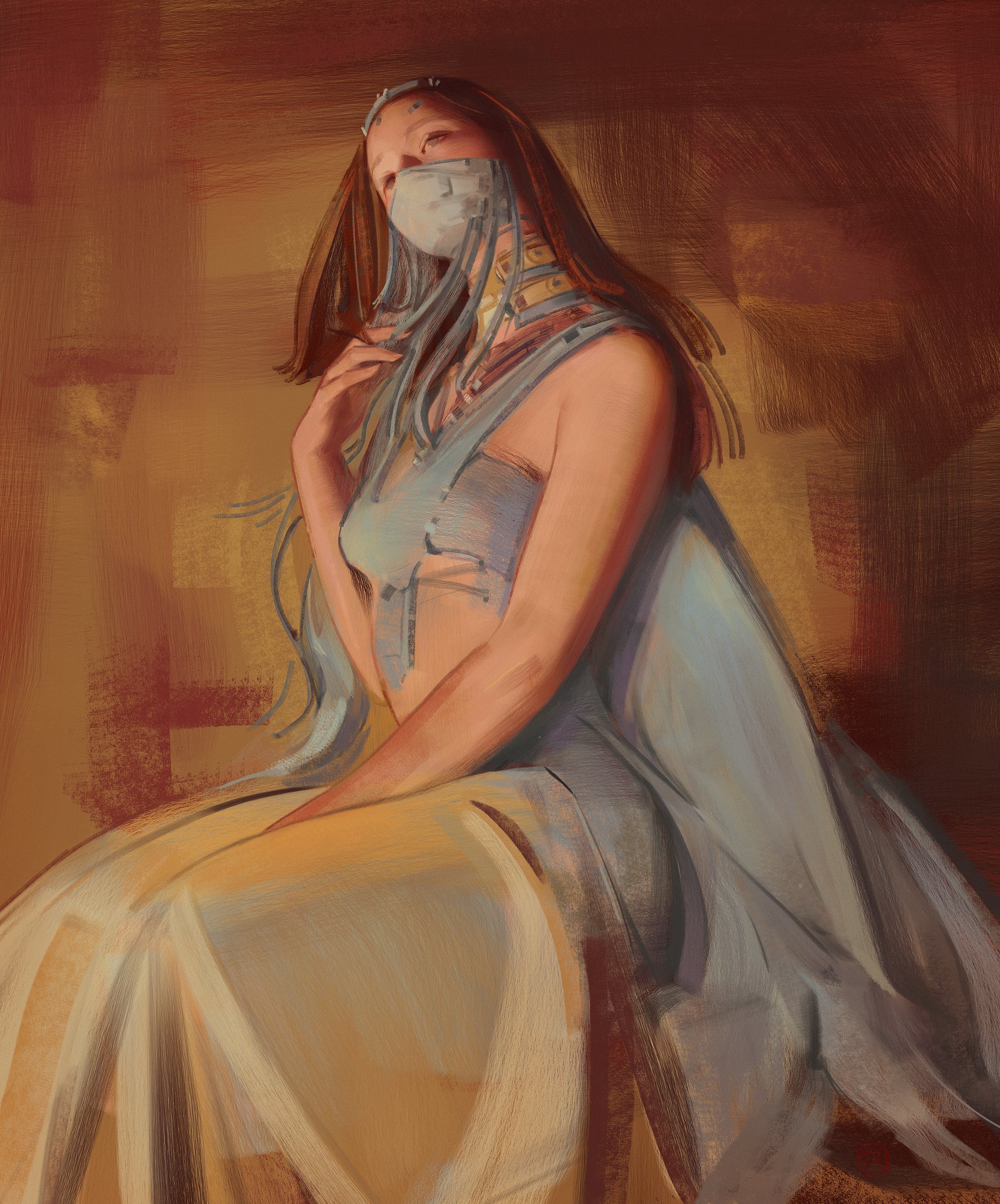 the digital painting showcases a woman, possibly a fantasy or futuristic character, seated and elegantly draped in a flowing, lightcolored gown.  her long brown hair cascades around her shoulders.  she wears a unique mask that appears to be part of a more intricate headdress or technological device, with strands or cords extending down from it. the painting style is painterly and expressive, with visible brushstrokes that lend a textured and slightly impressionistic quality. the color palette is warm and subdued, focusing on browns, golds, and muted blues and greys. the overall mood is serene and somewhat mysterious, with an emphasis on the woman's pensive expression and the graceful flow of her clothing.