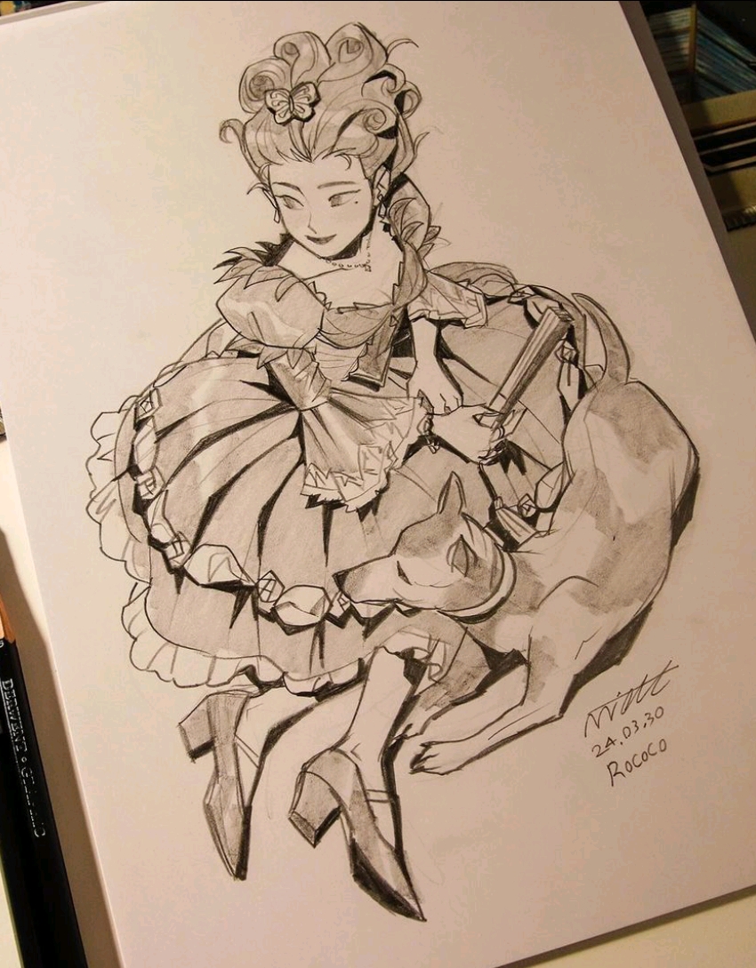 the image is a black and white drawing of a woman in a rococostyle dress, holding a fan, with a dog next to her. the drawing is done in ink on paper. the woman has a butterfly in her hairstyle, is wearing earrings and a necklace, and has pointed shoes. the dog is sleeping next to her. the drawing is signed "matt 24.03.30 rococo".