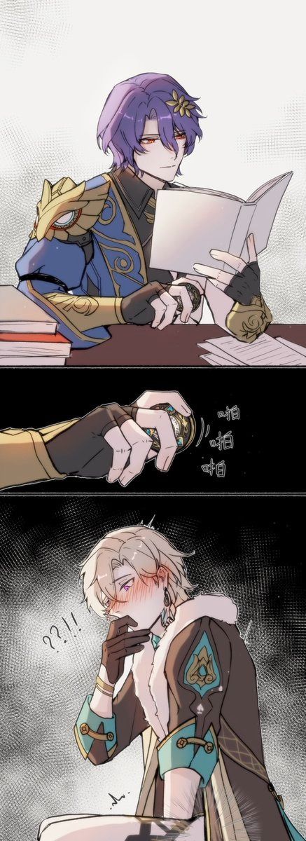 the image is a threepanel fanart depicting xiao (the purplehaired character) and albedo (blondehaired character) from the video game genshin impact. panel 1: xiao is seated at a table, reading a book. he's wearing his signature outfit.  there are papers and books on the table.  he appears calm and collected. panel 2: a closeup shows a hand (presumably xiao's) giving something (appears to be a small ring) to someone offscreen.  chinese characters appear next to the hand, likely indicating sound or dialogue. panel 3: albedo is shown seated, blushing intensely while looking down and touching his neck.  he's surprised or flustered by something that happened previously, possibly the ring given in panel 2. his outfit is in his typical style.  the overall atmosphere suggests a romantic or intimate moment between the two characters.the art style is reminiscent of anime and manga, with soft lines and pastellike coloring.  the overall tone is gentle and cute, suggesting a romantic subtext between the characters.