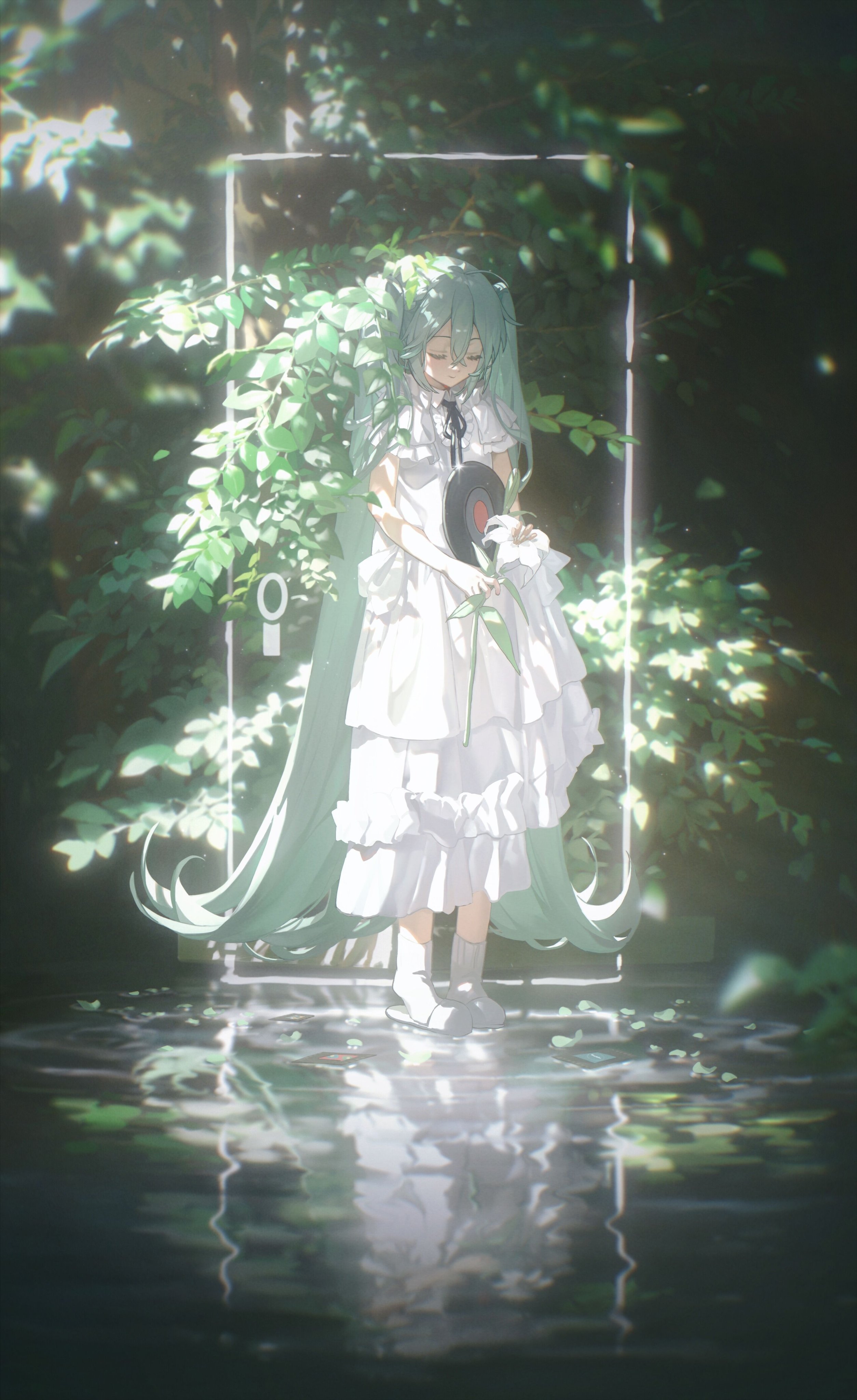 an anime girl with turquoise pigtails wearing a white dress and glasses, standing in water with a vinyl record in one hand and a white flower in the other. she is surrounded by lush greenery and a white rectangular frame.