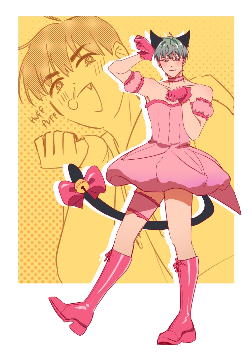 this is a digital illustration of an anime boy cosplaying as a cat girl in a pink dress with cat ears, a tail, and boots. he has a big blush and a happy expression on his face, as if he is enjoying himself. there is a partially visible outline of another boy behind him, who seems to be watching him with a surprised expression. the background is a yellow with a pattern of dots.