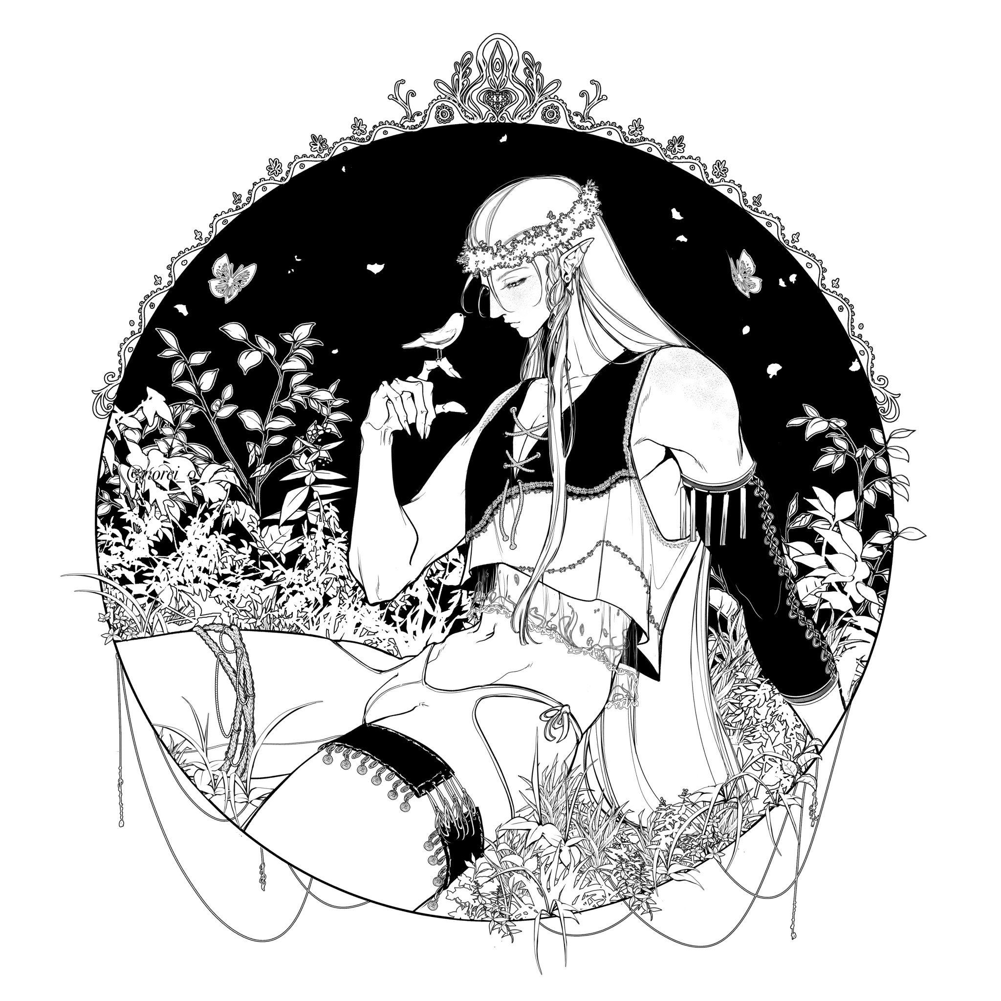 the image is a detailed black and white line drawing of an androgynous elflike figure. the character has long flowing hair, adorned with a flower crown, and is depicted sitting amidst lush foliage in a forest setting. they hold a small bird gently in their hand. the style is reminiscent of anime or manga, with sharp lines and expressive features. the artwork is contained within an ornate circular frame with decorative elements, giving it a classic or vintage feel. the overall mood is peaceful and ethereal.
