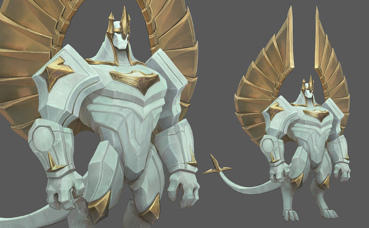 the image showcases a digital painting or 3d rendering of a majestic, fantasy creature. it resembles a stone golem or a mythical being with a powerful physique. the creature has large, golden wings extending from its back, along with golden accents on its armor. its body is primarily a light blue or gray stonelike texture. the overall aesthetic is celestial and powerful, suggesting a guardian or deitylike figure. the background is a neutral gray, allowing the creature to stand out prominently. a smaller version of the creature is also displayed slightly behind the main focus.  the style suggests concept art for a video game or similar fantasy project.