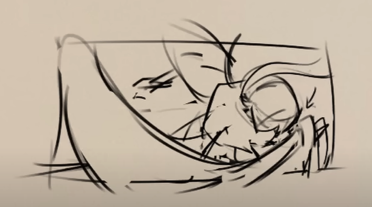 this is a dynamic sketch of two figures seemingly locked in a struggle. one figure, drawn with more detail, appears monstrous with sharp teeth and horns. the second figure is rendered more loosely and seems to be pushing against the monster's head. the style of the sketch is energetic and uses bold linework to convey movement.