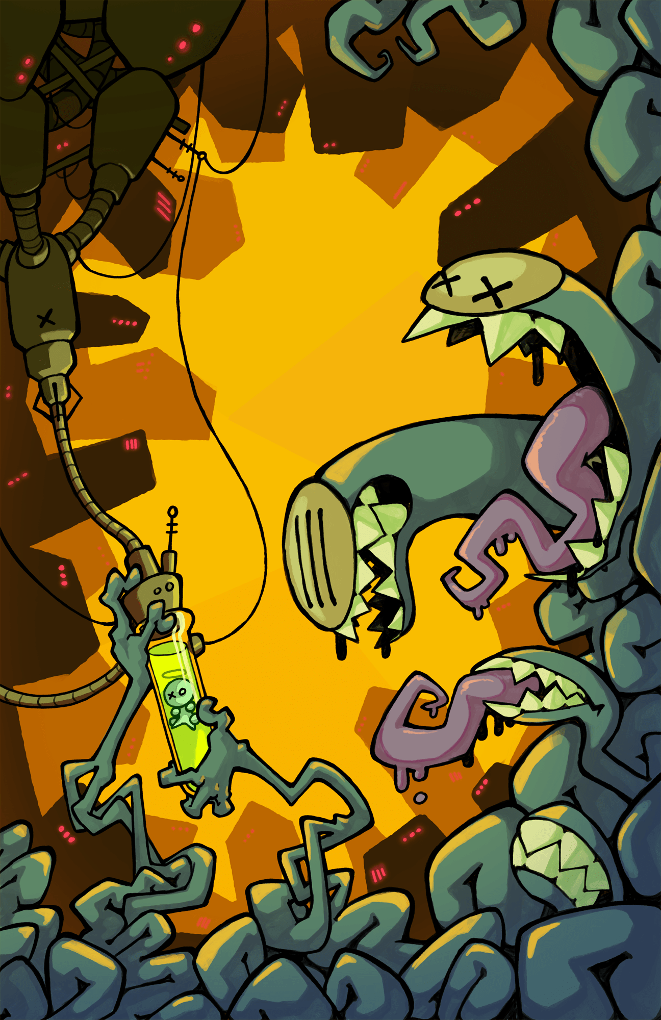 the image depicts a chaotic scene within a dimly lit, industriallooking laboratory. two grotesque, mutated creatures are depicted, their bodies a sickly bluegreen. one creature hangs precariously from the ceiling, its mouth agape, while another with a metal jaw guard reaches desperately for a vial filled with glowing green liquid. the lab appears to be in disarray, with wires and debris scattered throughout.  the background is a vibrant yellow, creating a stark contrast with the dark, monstrous forms in the foreground.
