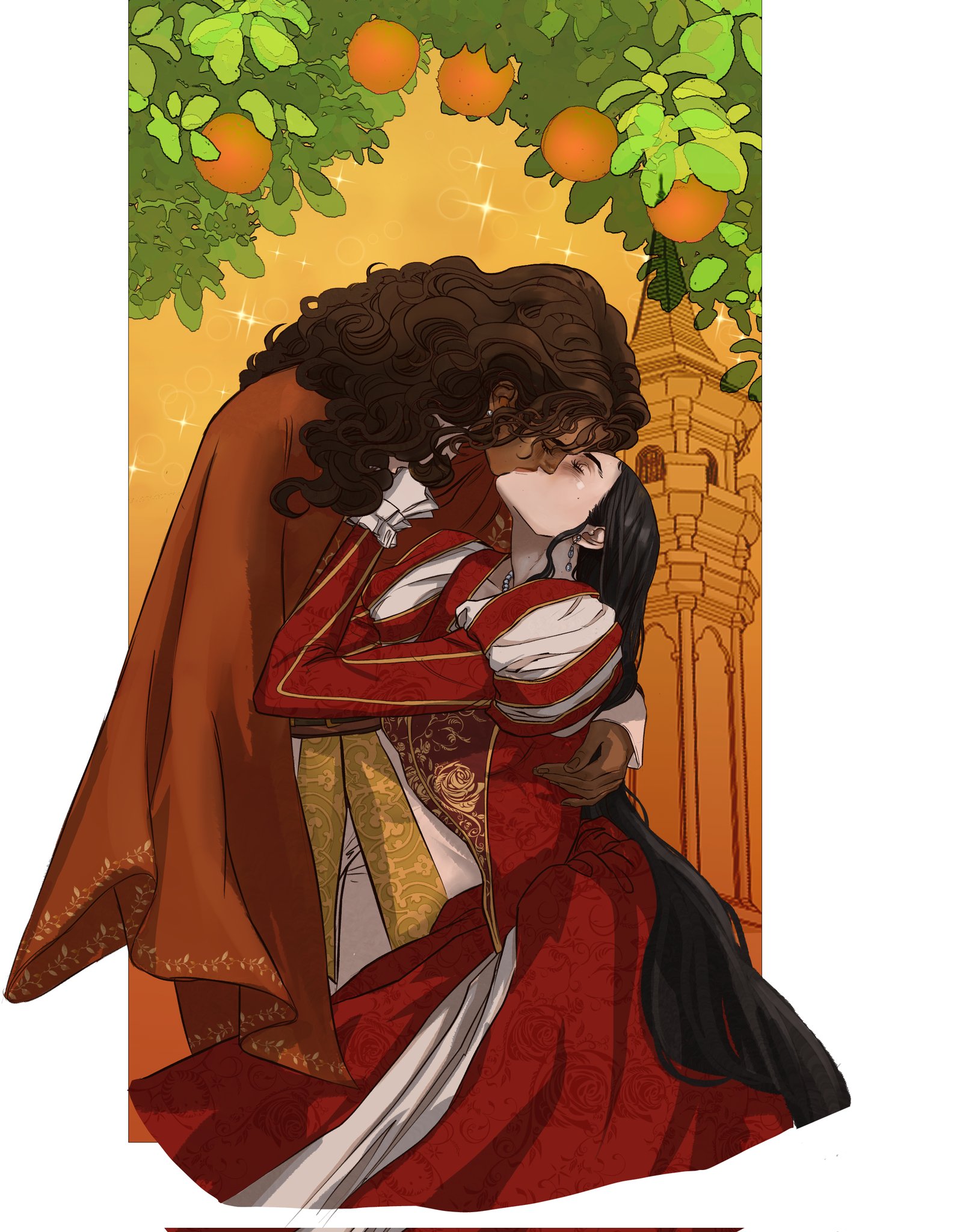 a digital art illustration depicts a couple in historical clothing kissing under an orange tree with a tower in the background. the man has curly brown hair and is wearing a brown cloak, while the woman has long black hair and is wearing a red and white dress. they are embracing, suggesting romance and love. the background is a warm yellow with sparkles.