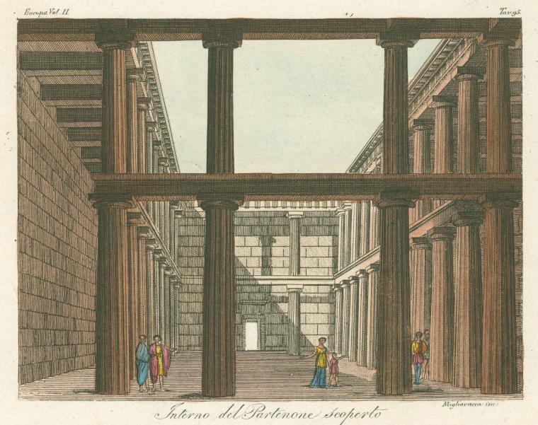 an illustration depicting the interior of the parthenon. the view is constructed using a perspective technique, showcasing the rows of columns that define the building's architecture. several people are seen within the structure, adding a sense of scale to the grandness of the building. the columns, architecture, and ancient art are the primary subjects of the piece.