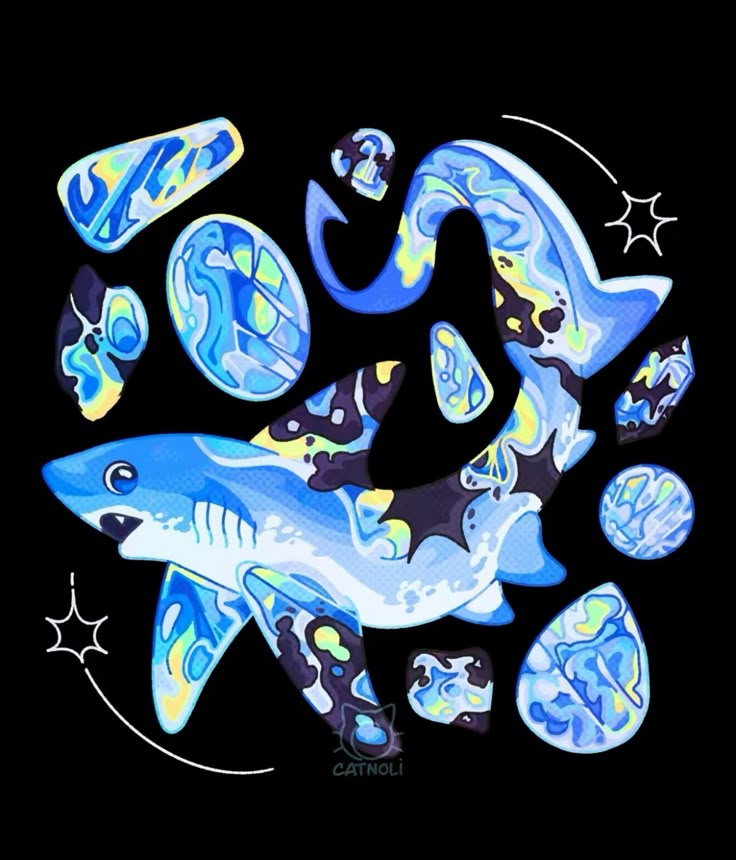 an illustration of a shark, colored primarily in shades of blue with accents of yellow and black, is surrounded by various crystals and gemlike shapes on a black background. the shark is stylized with cartoonlike features. the composition includes curved lines and starbursts that add a whimsical element. the artwork has a signature reading "catnoli" in the lower section of the image.