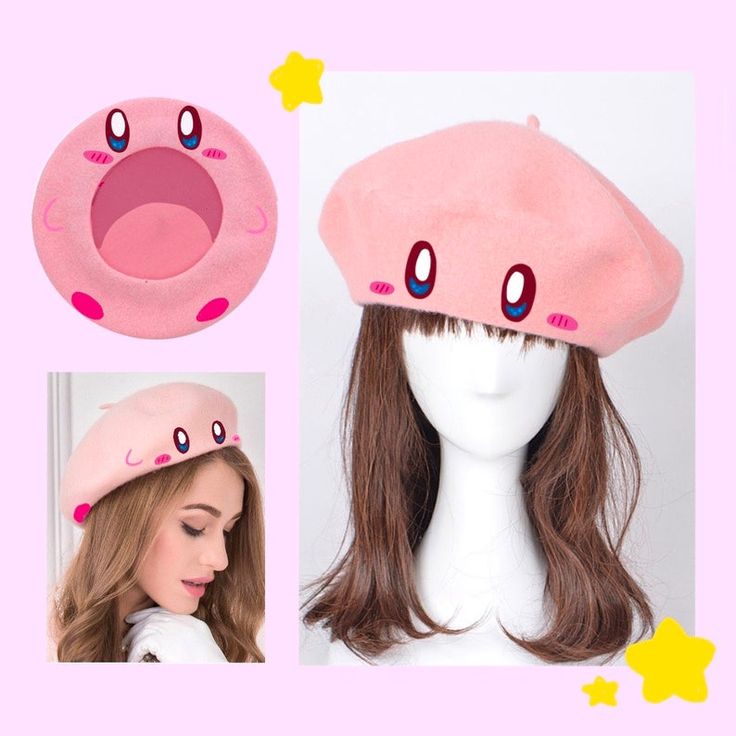 this image shows a pink beret with a cartoon face on it.  the beret has a pink background, white outlined eyes with blue pupils, a pink nose and two red dots for blushes. the beret is shown in three different ways; the first is a flat lay of the beret on a white background, the second shows the beret on a mannequin, and the third shows the beret on a woman with brown hair. the background of the image is a light pink color.