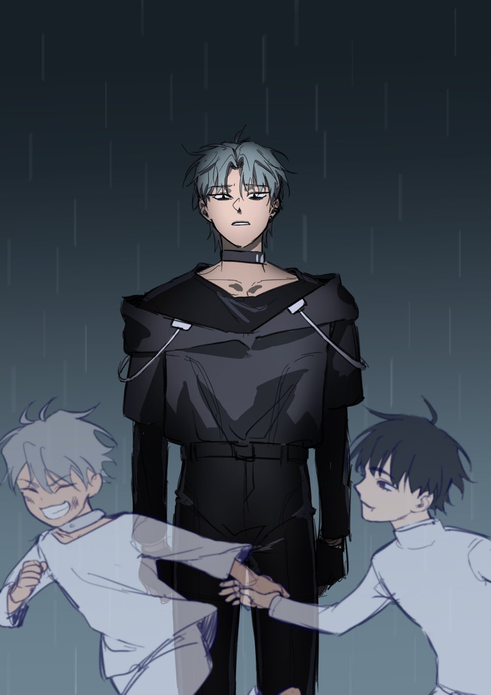 this digital illustration features three anime characters in a dark and gloomy setting. the central character is a tall young man with bluegrey hair and a dark expression. he is wearing a black outfit and is standing in front of two smaller figures. the figures are both dressed in white and appear to be reaching towards the man. the background is filled with rain, and the overall tone of the image is one of sadness and loneliness. the dark color palette and the somber expressions on the characters' faces contribute to this feeling.