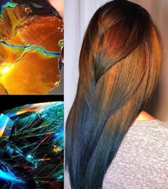 a woman with long, straight hair that is dyed a deep brown at the roots, then gradually fades to teal, blue and green at the ends. the hair color is reminiscent of the colors of a gemstone. the woman is looking down.  she is wearing a gray shirt.  the image is split into thirds horizontally. the top third shows a closeup of an orange and green gemstone, the middle third shows the woman's hair, and the bottom third shows a closeup of a dark green and blue gemstone.